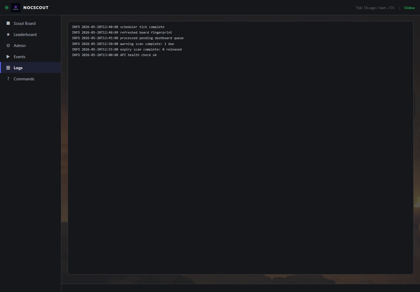 Operational log interface with timing and status messages