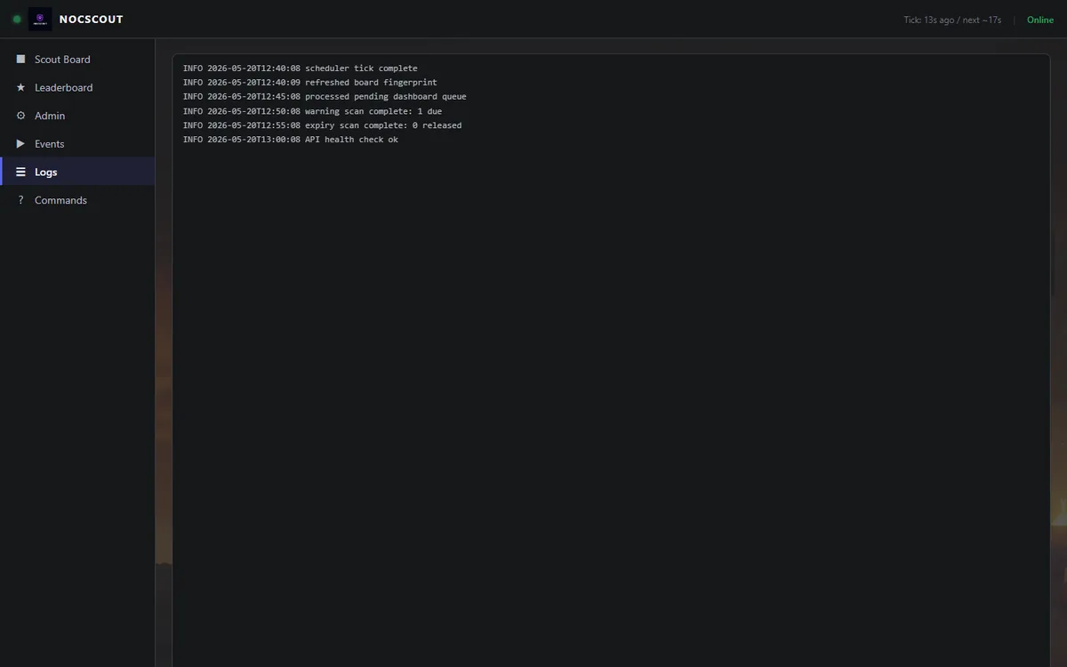 Operational log interface with timing and status messages